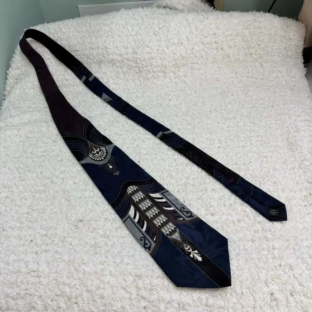 Gianfranco Ruffini 100% Italian Silk Tie Geometric Art Deco Pattern Navy Blue